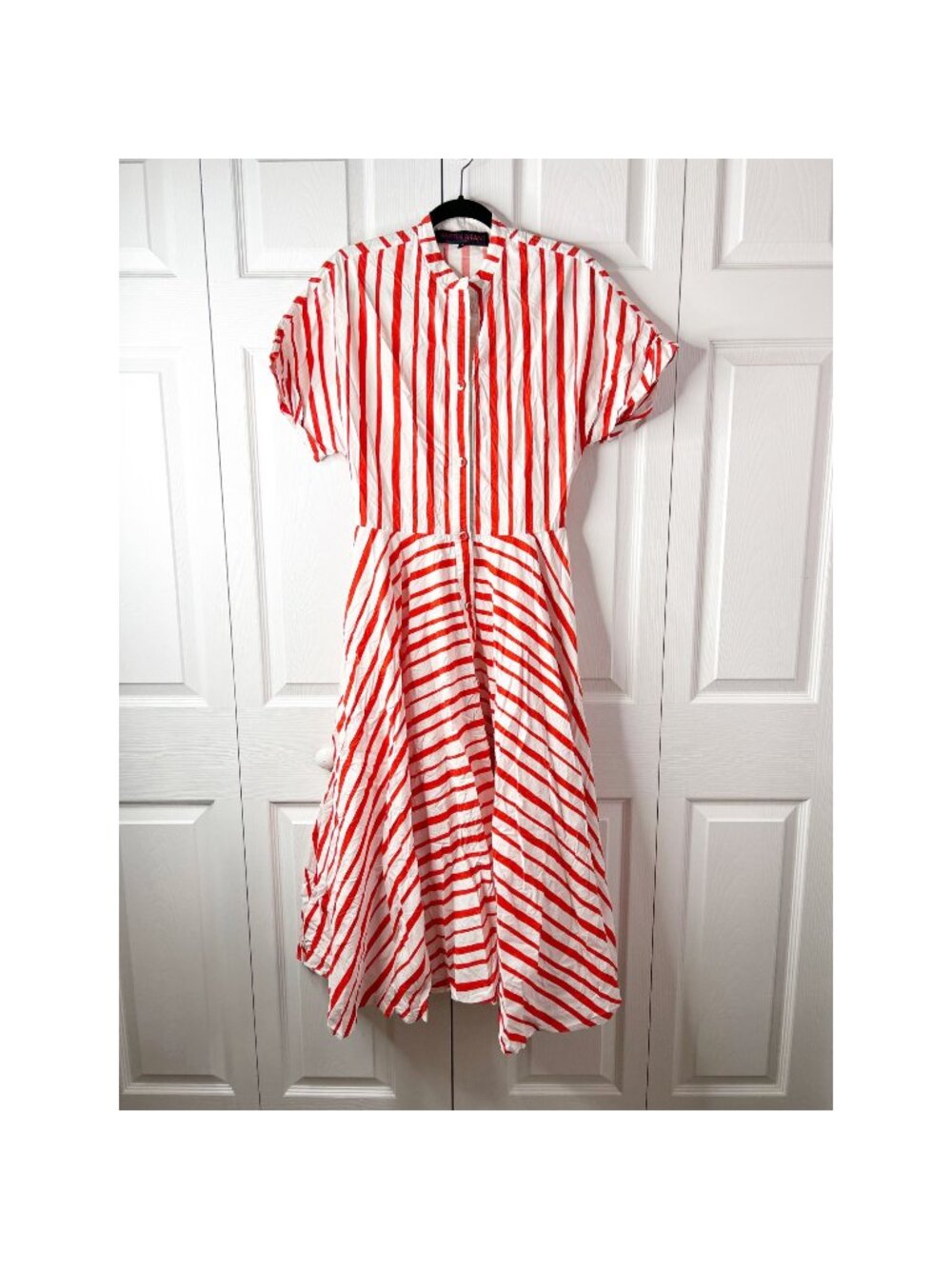Martin Grant White Red Striped Collarless Striped Midi Dress Women's Size FR 40